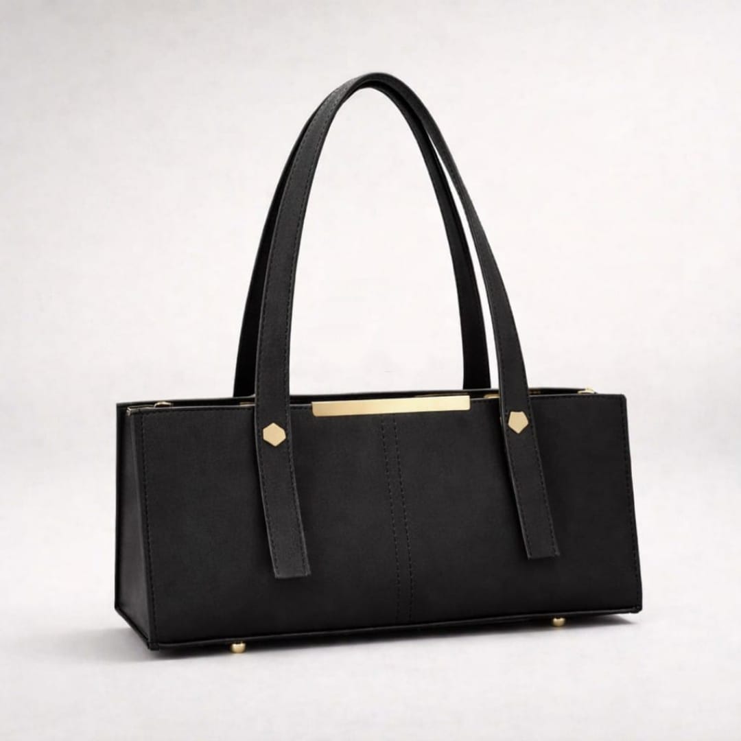 Grace Line Structured PU Leather Tote Bag for Women – Elegant Black Everyday Shoulder Handbag