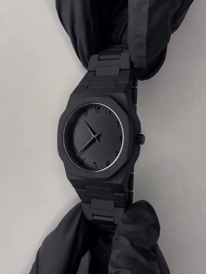 Black Minimalist Analog Wrist Aura Watch with Stainless Steel Strap &amp; Butterfly Lock