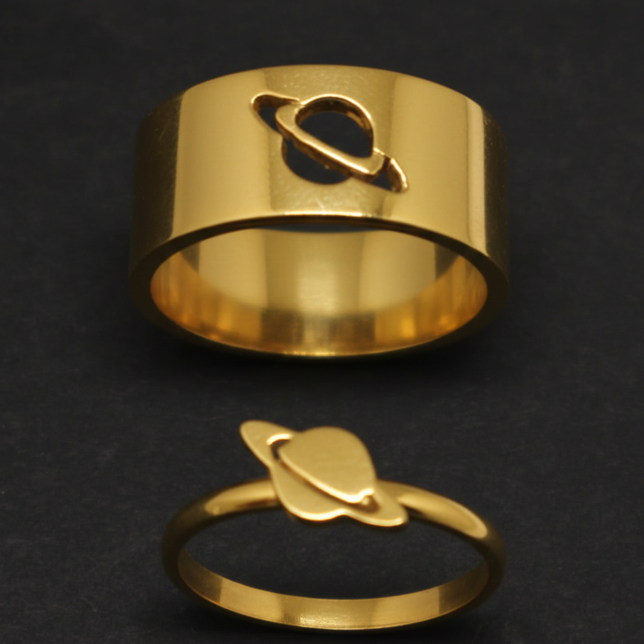 Planet Saturn Promise Couple Rings – Adjustable Matching Rings with Elegant Black Design