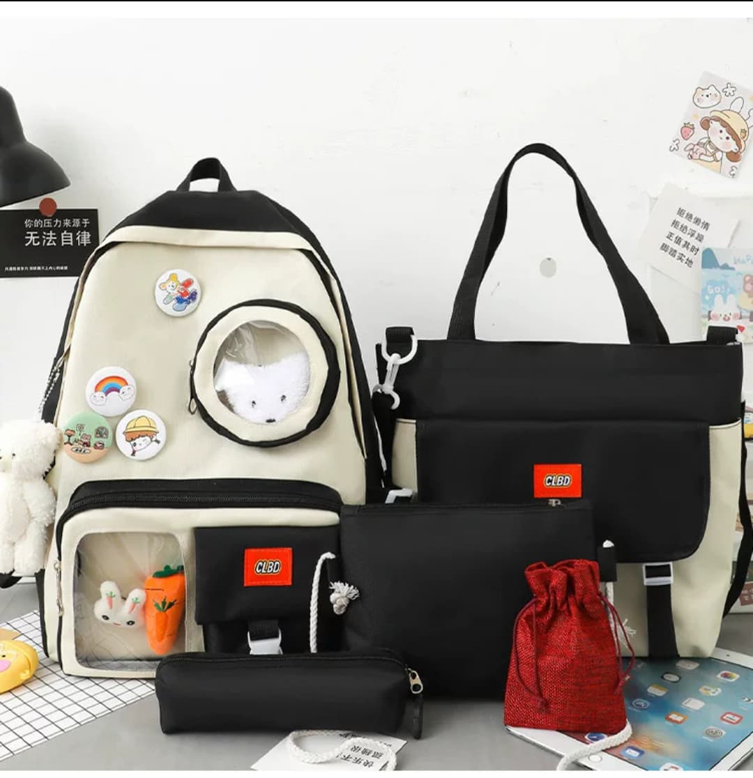 4-Piece Waterproof School Backpack Set for Teen Girls – Large Capacity Student Book Bag Set | Black