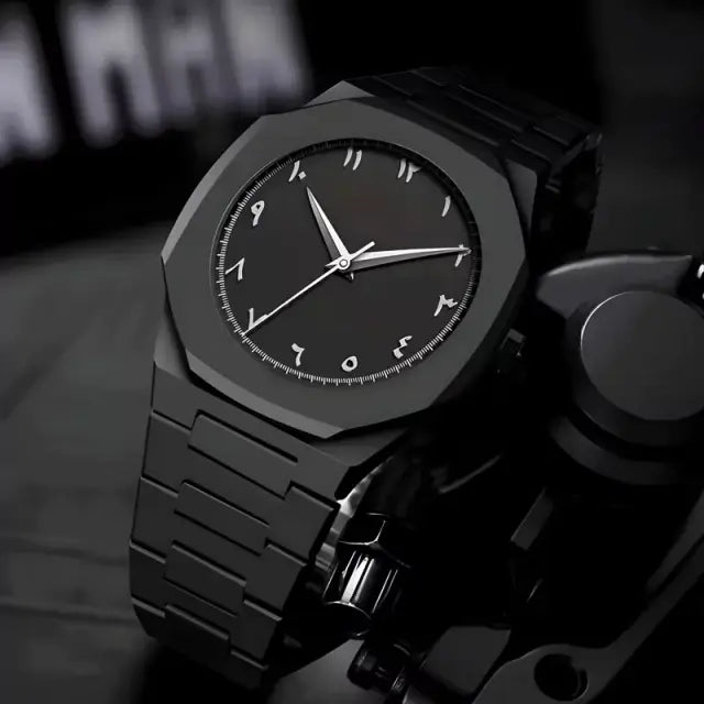 Black Minimalist Analog Wrist Aura Watch with Stainless Steel Strap &amp; Butterfly Lock