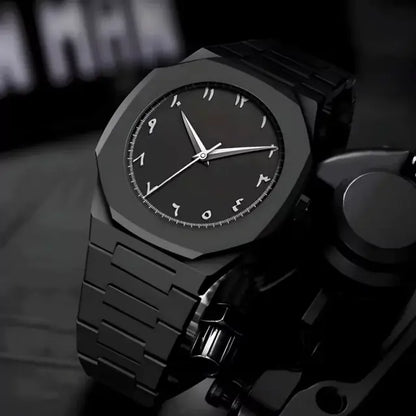 Black Minimalist Analog Wrist Aura Watch with Stainless Steel Strap &amp; Butterfly Lock