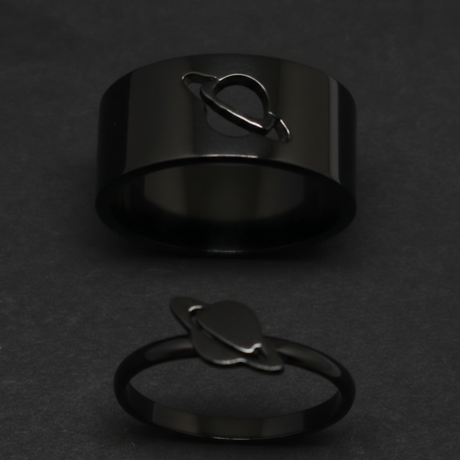 Planet Saturn Promise Couple Rings – Adjustable Matching Rings with Elegant Black Design