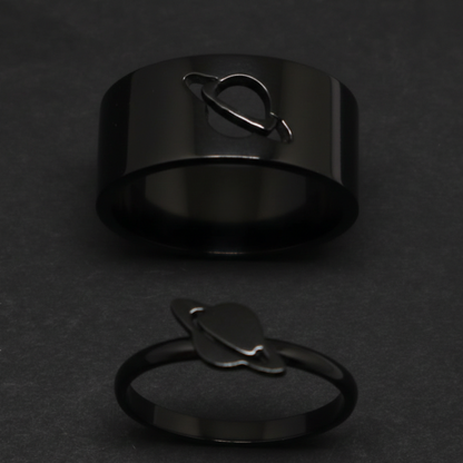 Planet Saturn Promise Couple Rings – Adjustable Matching Rings with Elegant Black Design