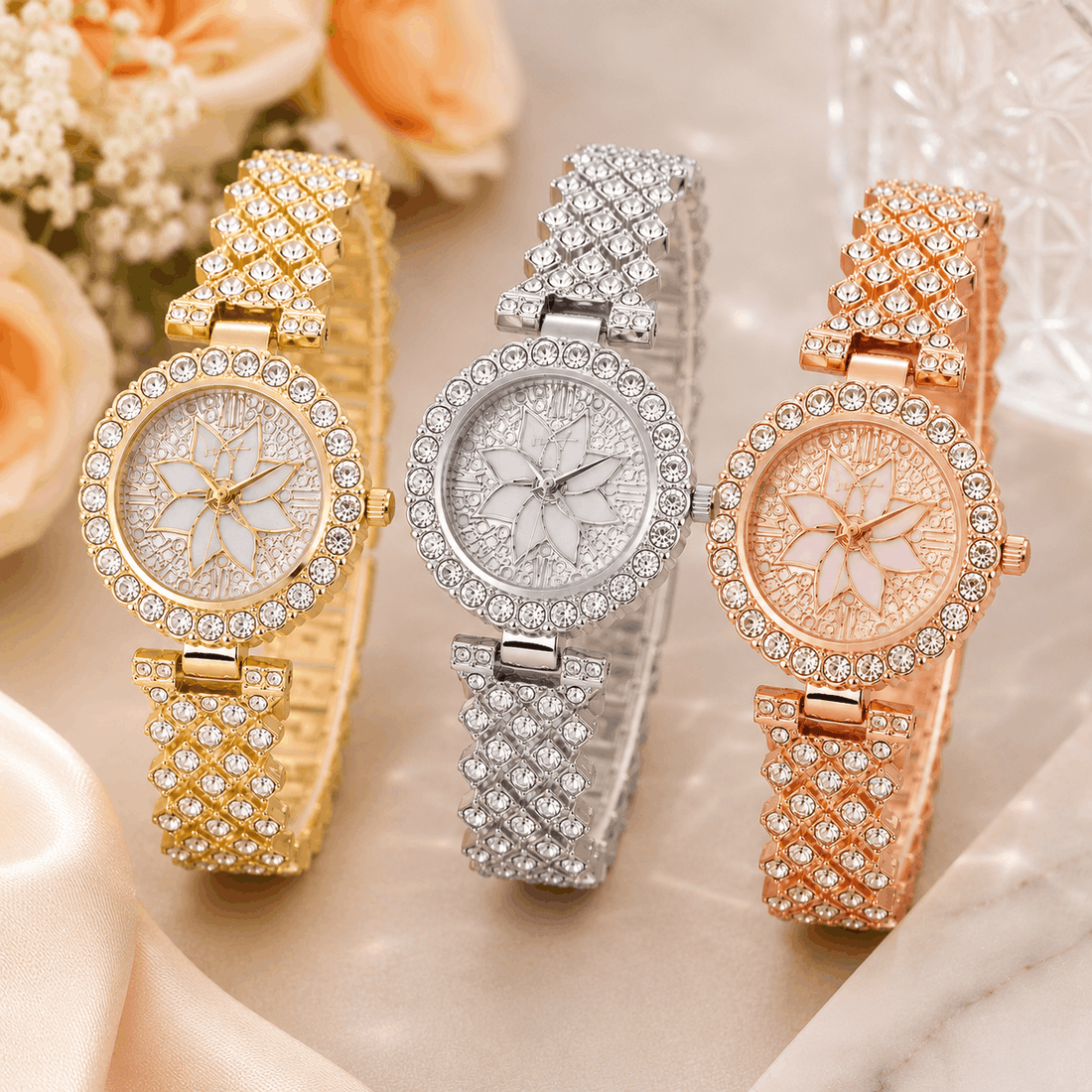 Luxury Floral Crystal Quartz Wrist Watch for Women – Rhinestone Bracelet Analog Fashion Watch