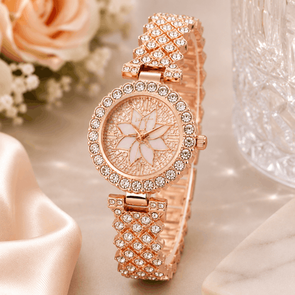 Luxury Floral Crystal Quartz Wrist Watch for Women – Rhinestone Bracelet Analog Fashion Watch