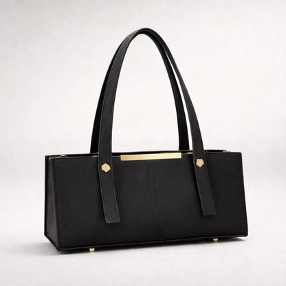 Grace Line Structured PU Leather Tote Bag for Women – Elegant Black Everyday Shoulder Handbag