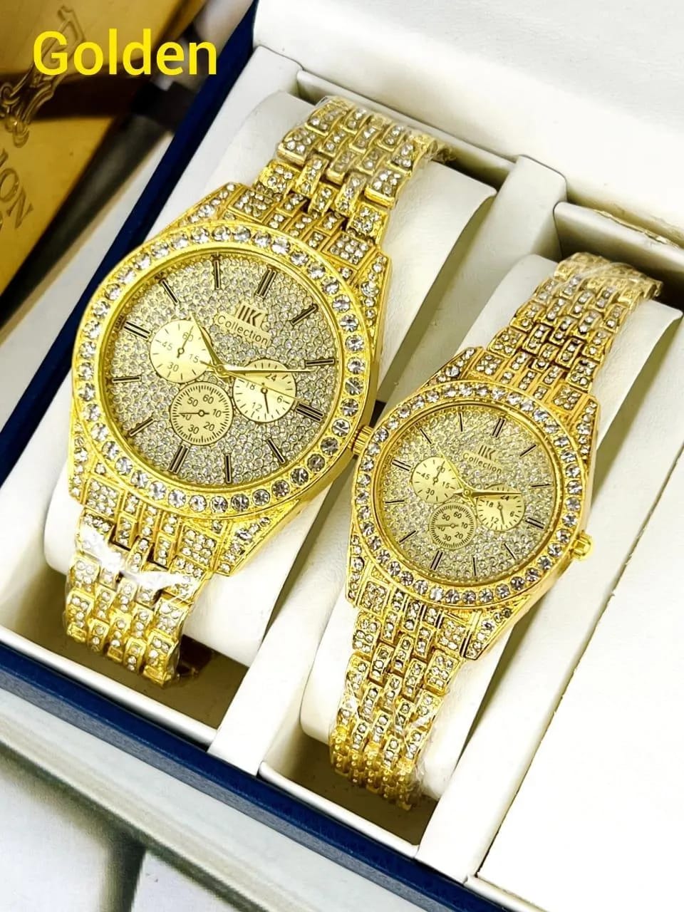 Luxury Diamond-Accented Couple Watch Set – Elegant Golden Analog Watches for Him &amp; Her (Without Box)