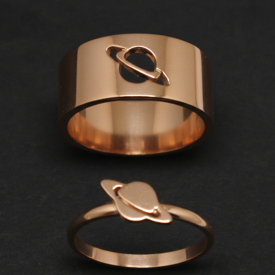 Planet Saturn Promise Couple Rings – Adjustable Matching Rings with Elegant Black Design
