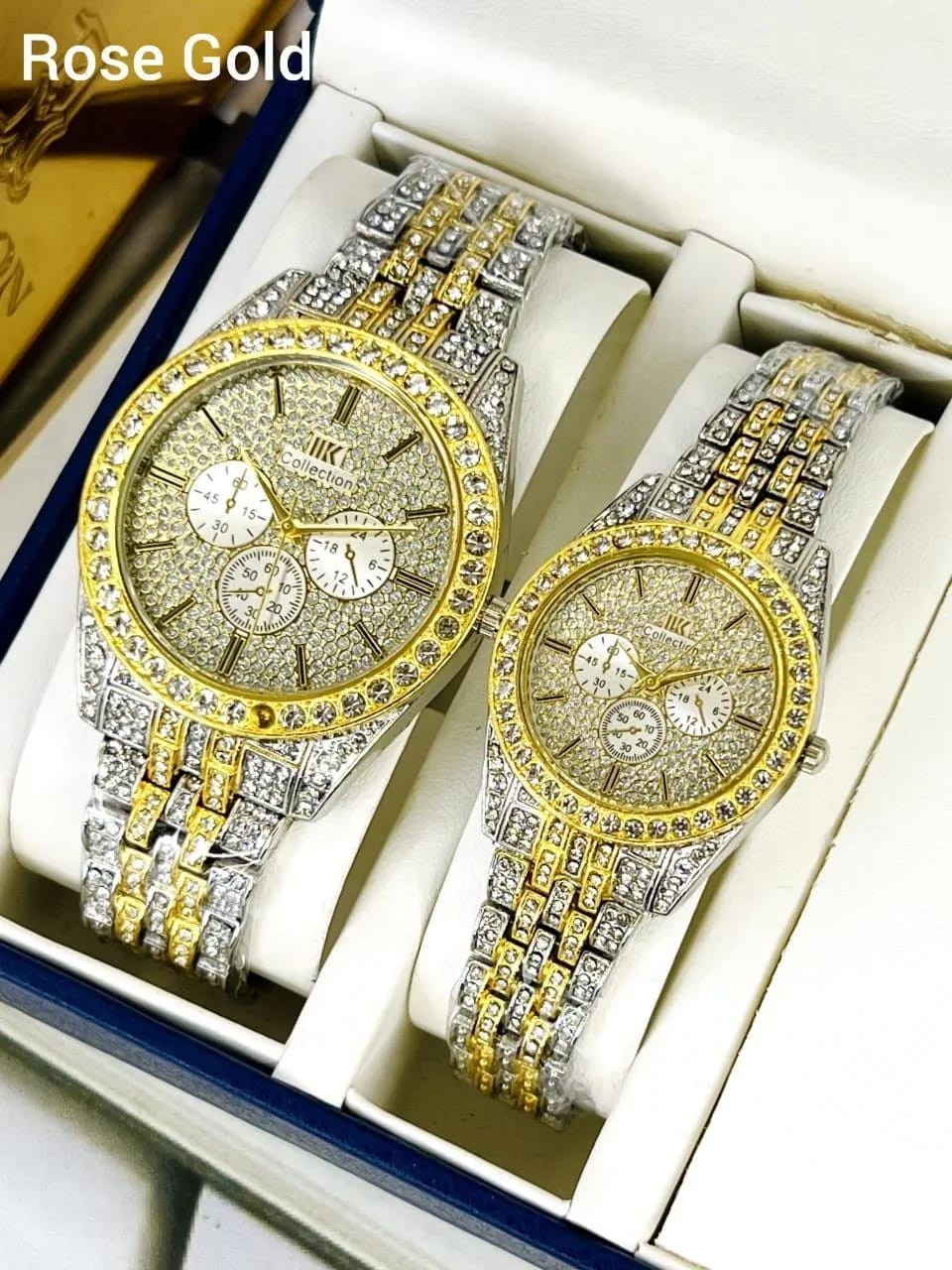 Luxury Diamond-Accented Couple Watch Set – Elegant Golden Analog Watches for Him &amp; Her (Without Box)