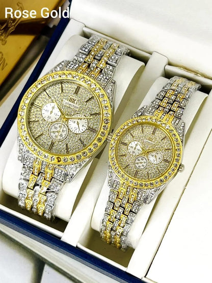 Luxury Diamond-Accented Couple Watch Set – Elegant Golden Analog Watches for Him &amp; Her (Without Box)