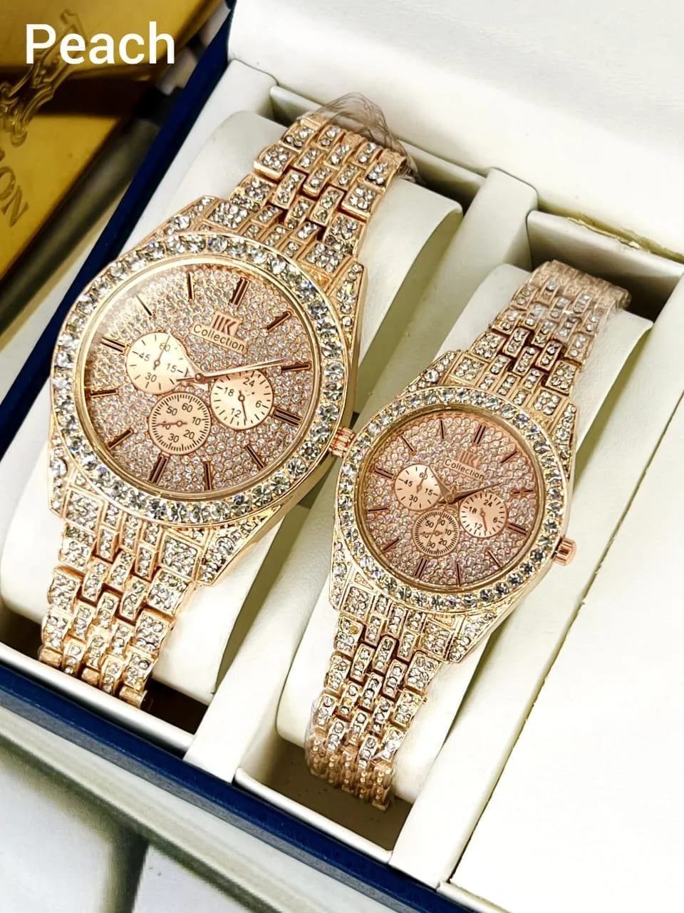 Luxury Diamond-Accented Couple Watch Set – Elegant Golden Analog Watches for Him &amp; Her (Without Box)
