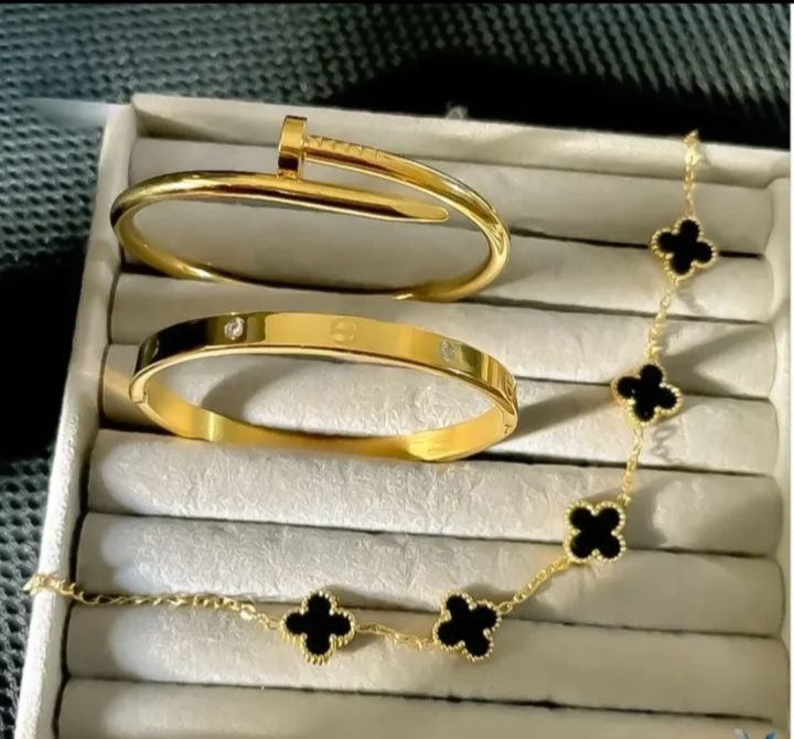 Stainless Steel 3-Piece Bracelet &amp; Bangle Combo – Elegant Layered Jewelry Set for Women