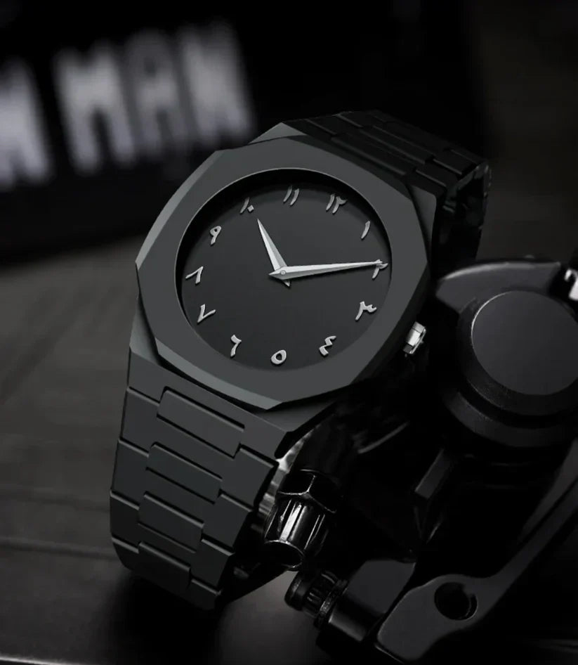 Black Minimalist Analog Wrist Aura Watch with Stainless Steel Strap &amp; Butterfly Lock