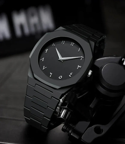 Black Minimalist Analog Wrist Aura Watch with Stainless Steel Strap &amp; Butterfly Lock