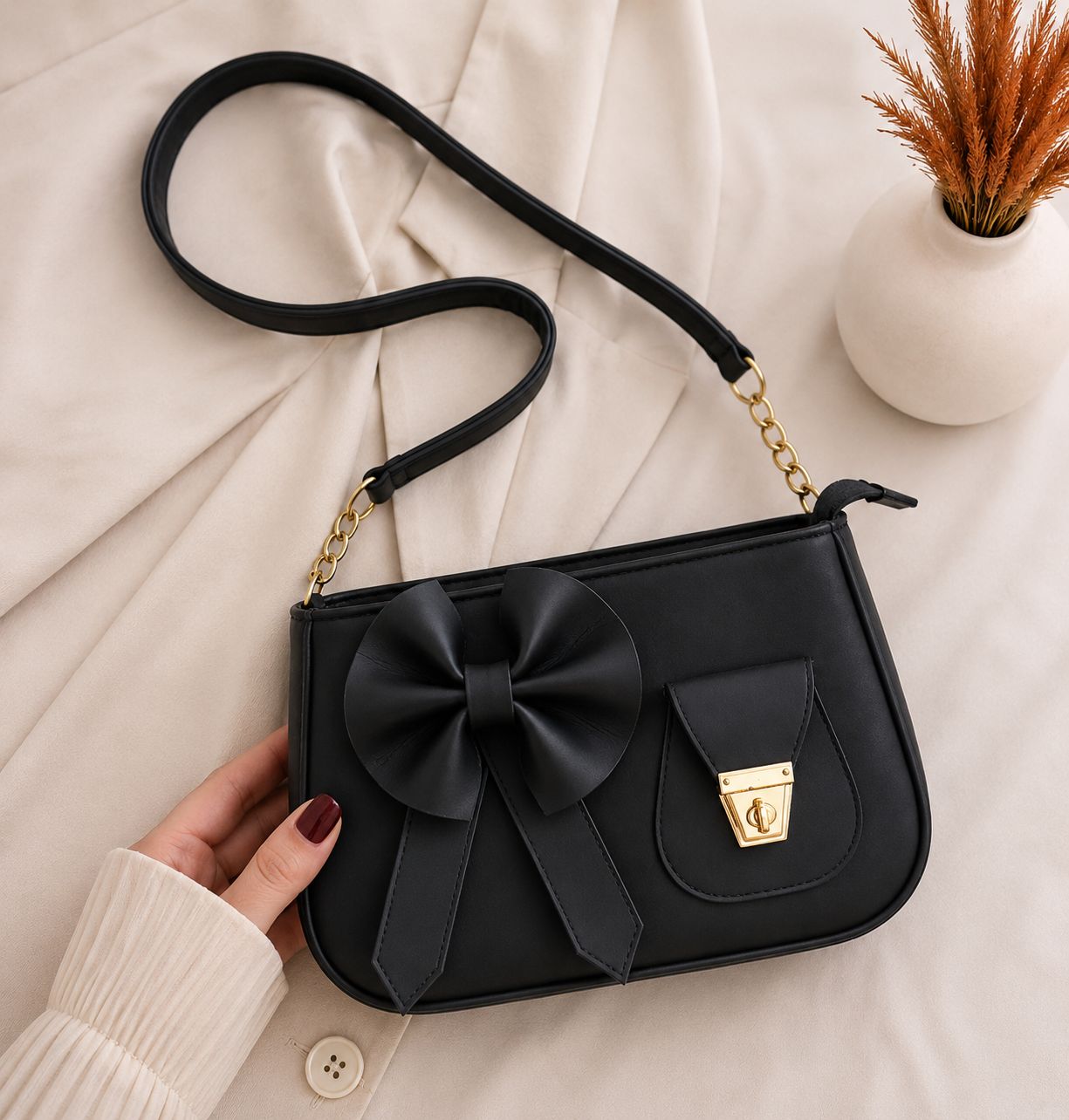 Bella Bow Shoulder Bag for Women – Fashion Mini Handbag with Elegant Bow Design | Black