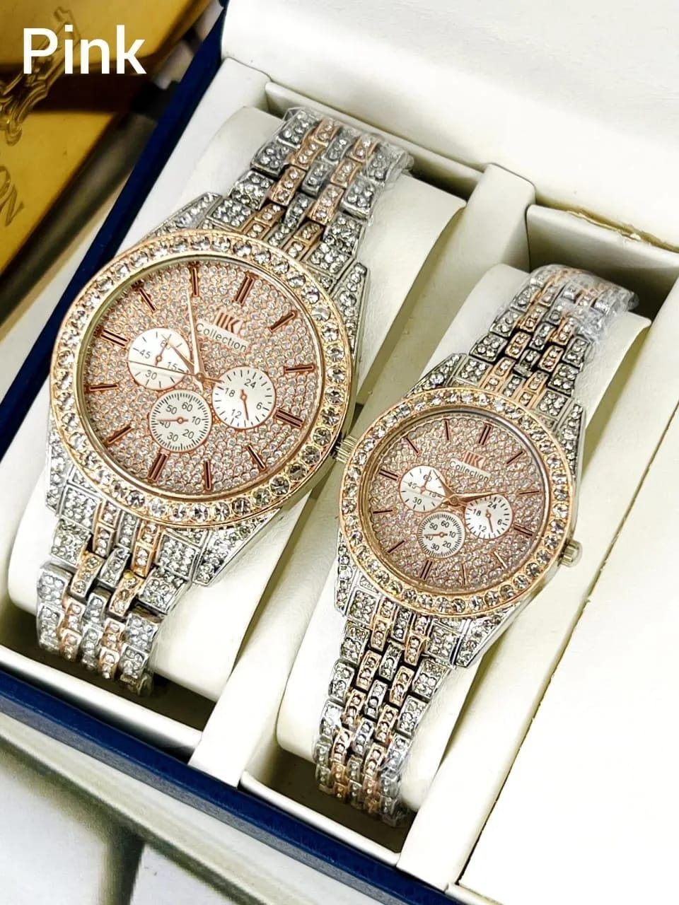 Luxury Diamond-Accented Couple Watch Set – Elegant Golden Analog Watches for Him &amp; Her (Without Box)