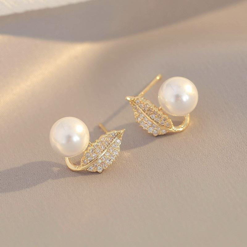 Leaf Pearl Earrings for Women – Elegant Gold Stud Earrings for Daily Wear &amp; Special Occasions